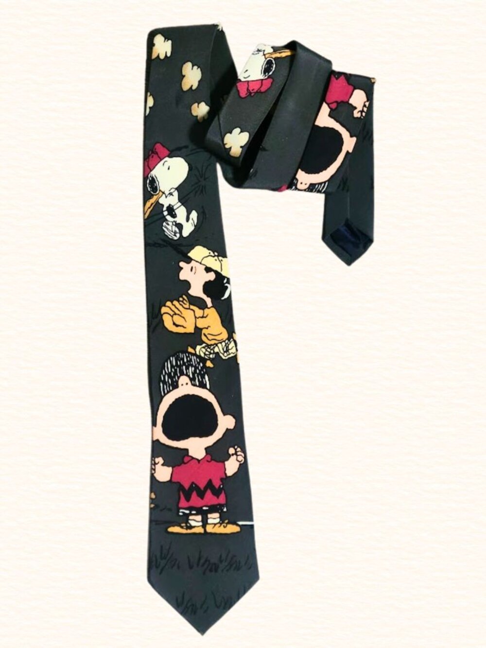 Vintage Peanuts Snoopy Charlie Brown Baseball Tie Black Novelty Necktie